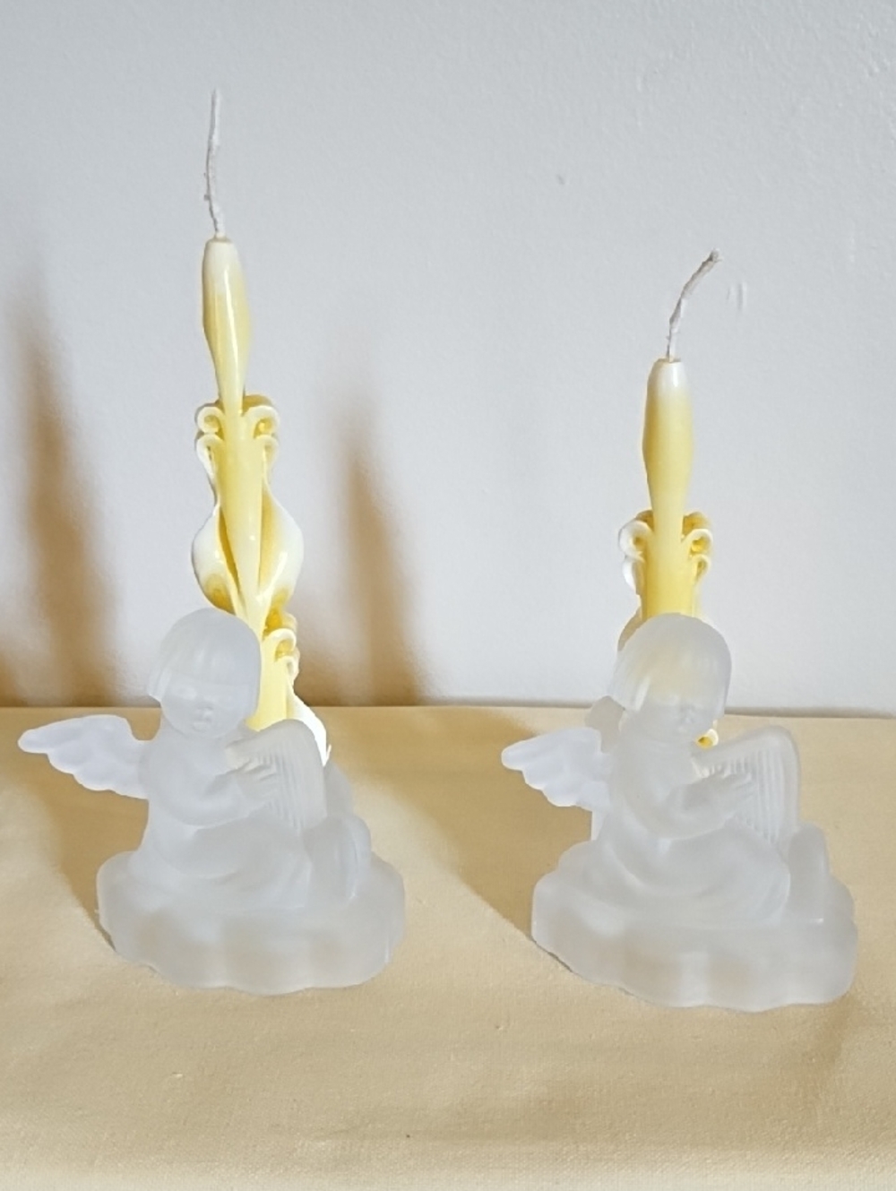 MI HUMMEL FROSTED CRYSTAL ANGEL CANDLE HOLDERS